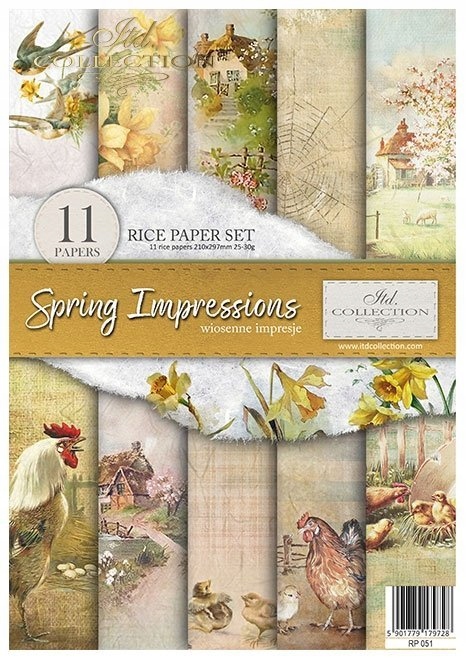Sada 11 rýžových papírů A4 na decoupage RP051 Spring Impressions