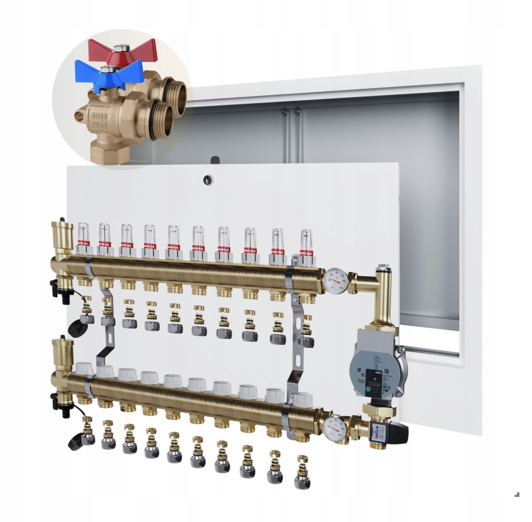 Rozdělovač podlahového vytápění 10 Skříňka pod omítku+WILO+PEX+KULOVÝ Ventil