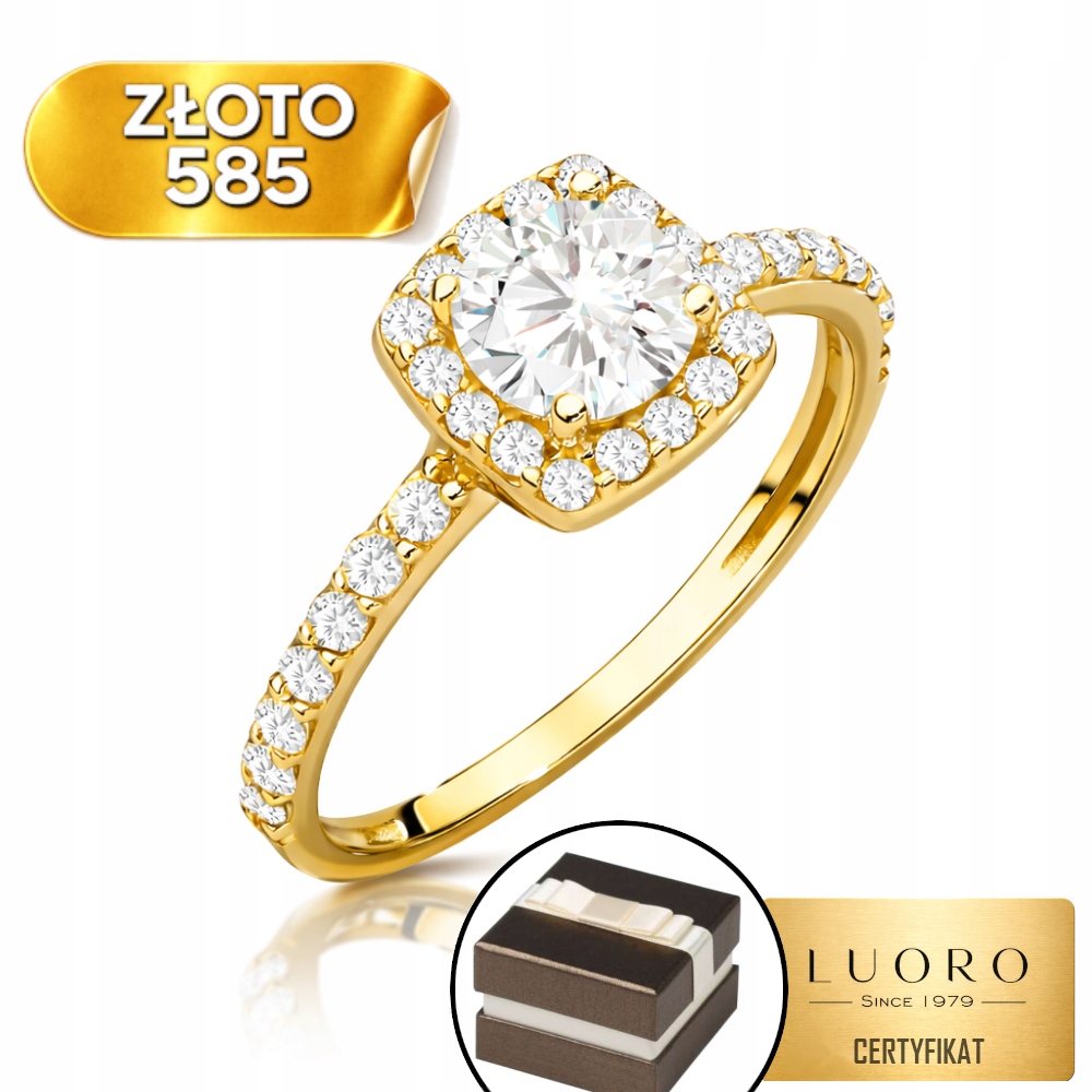 Prstýnek 585 14K Zirkon Čtverec Centrální Zdobený R15