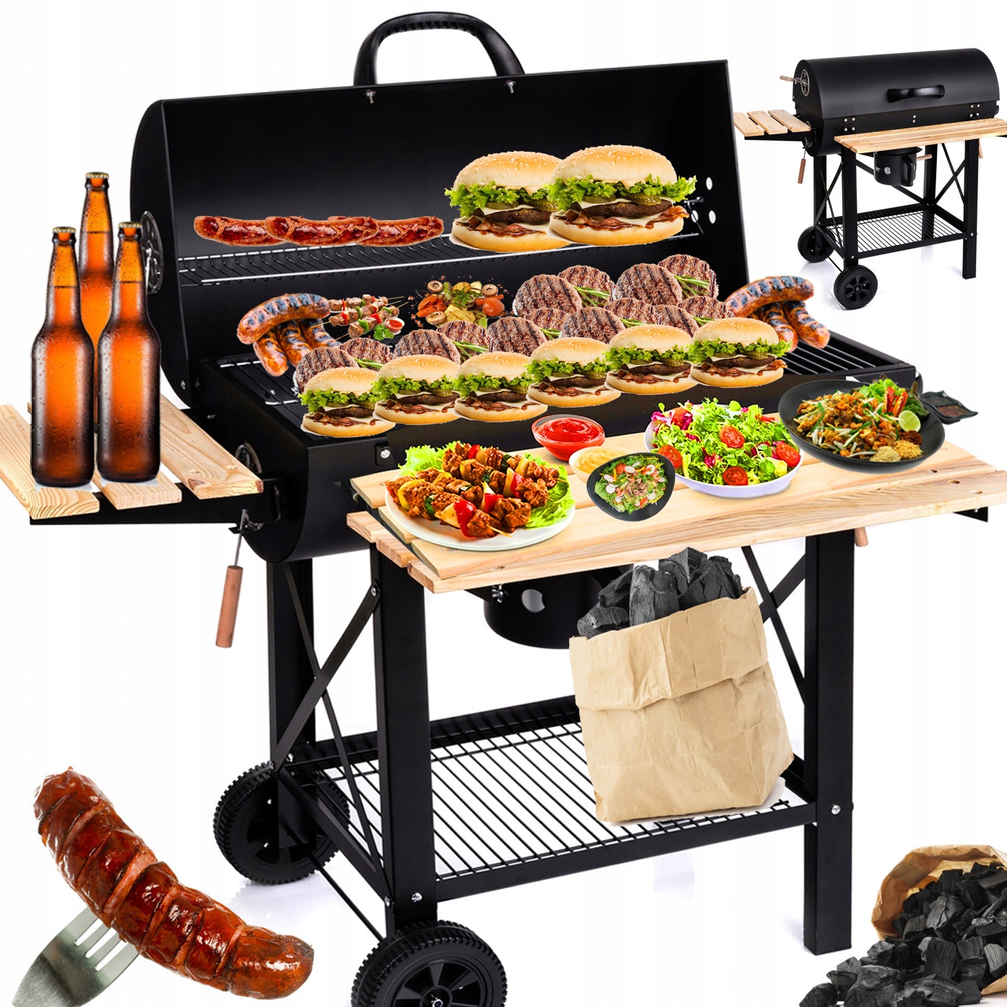 Grill Węglowy Ogrodowy 2 Ruszty Chromowane 2 Półki Popielnik Stal Z Pokrywą