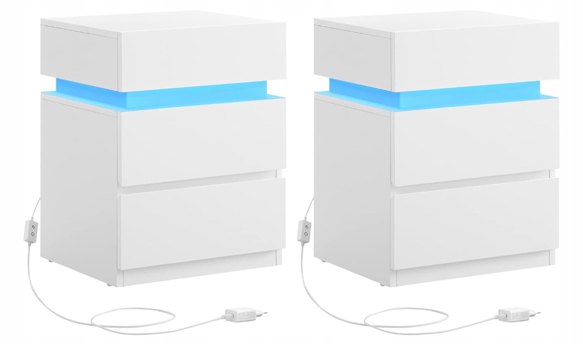 Nočný Stolík Nočná Skrinka Led 2 Ks Biely Vasagle