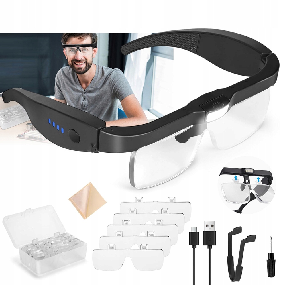 LUPA DO CZYTANIA BEZ UŻYCIA RĄK SZKŁO POWIĘKSZAJĄCE ZOOM 5 SOCZEWEK LED