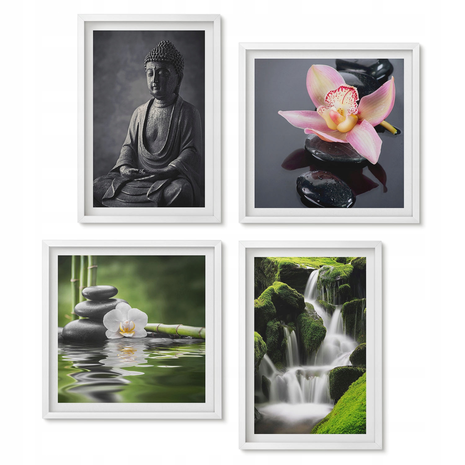 Sada nástěnných obrazů v bílém rámu Obrazy Zen voda kameny Buddha