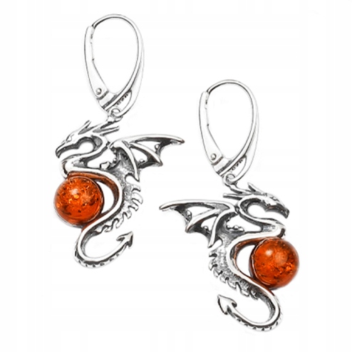Stříbrné Náušnice drak s JANTARem, anglické zapínání, originální Stříbro 925
