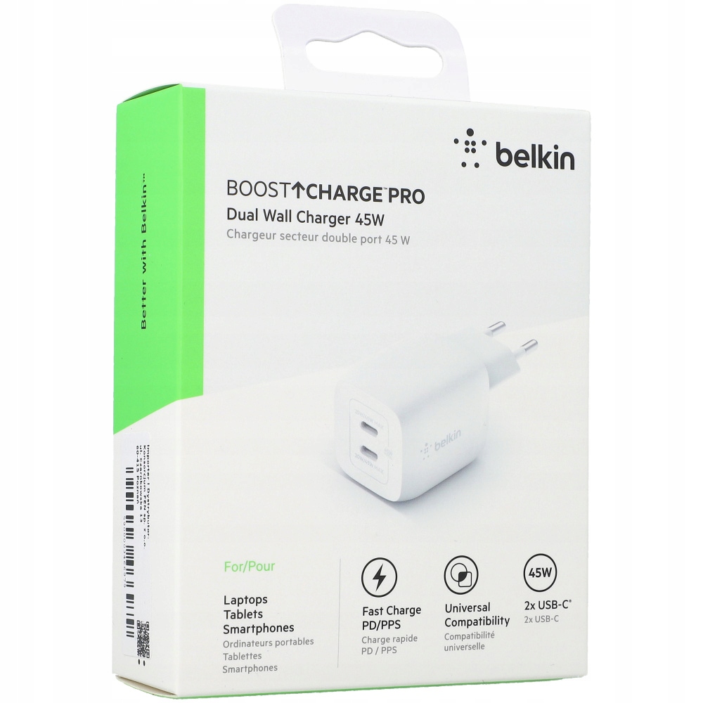 Ładowarka sieciowa Belkin Boost 45W, 2x Usb-c GaN Pps Pd 3.0 3A