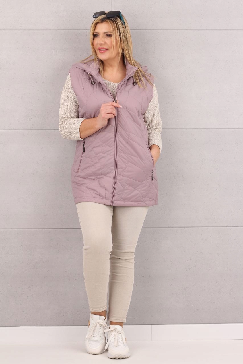KAMIZELKA PIKOWANA DŁUGA Z KAPTUREM DAMSKA MODNY BEZREKAWNIK ROZMIARY Rozmiar 42