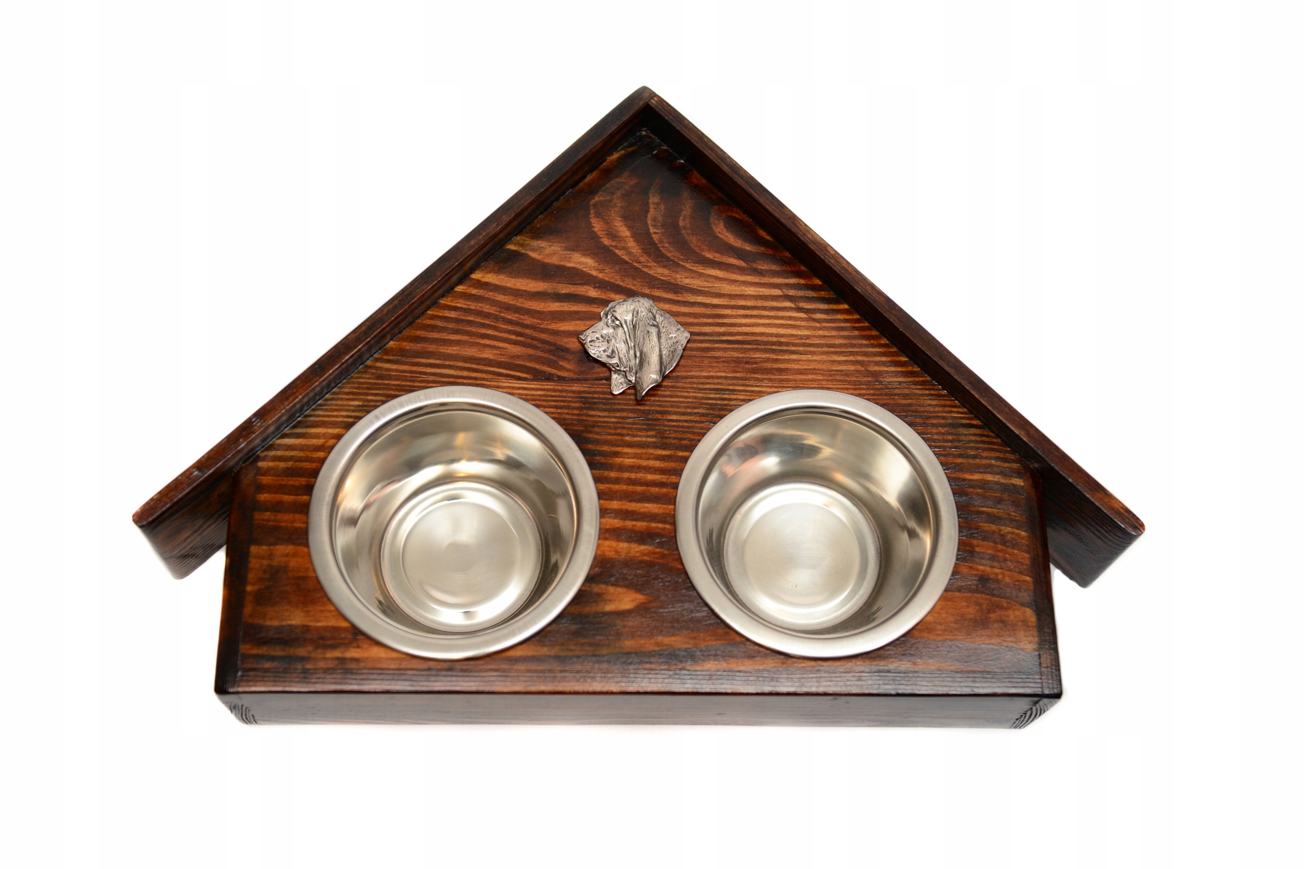 Levně Stojan s miskami pro psa, masivní dřevo, ocelové misky Basset Hound