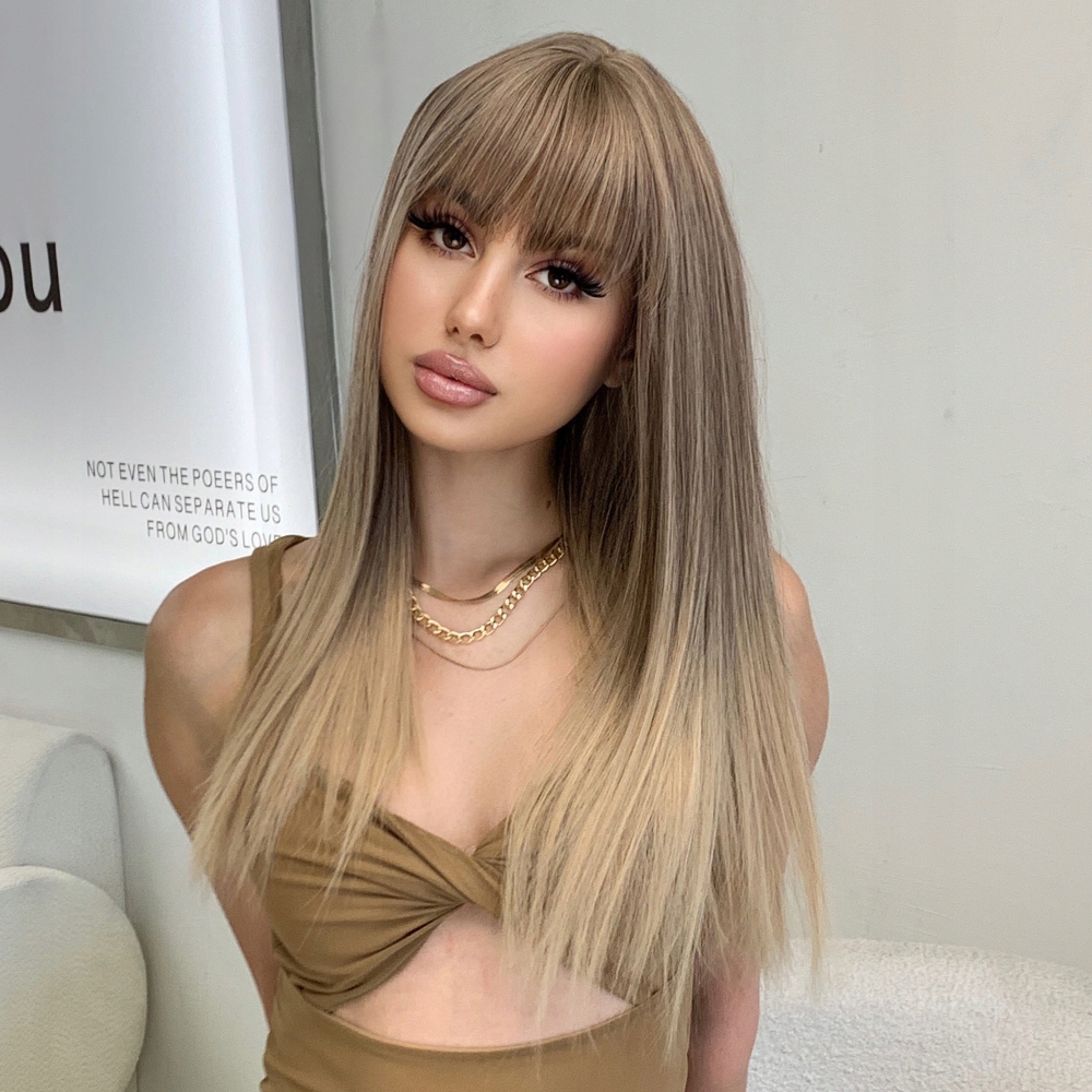 Dámská paruka, dlouhá blond ombre paruka s ofinou, 22 palců
