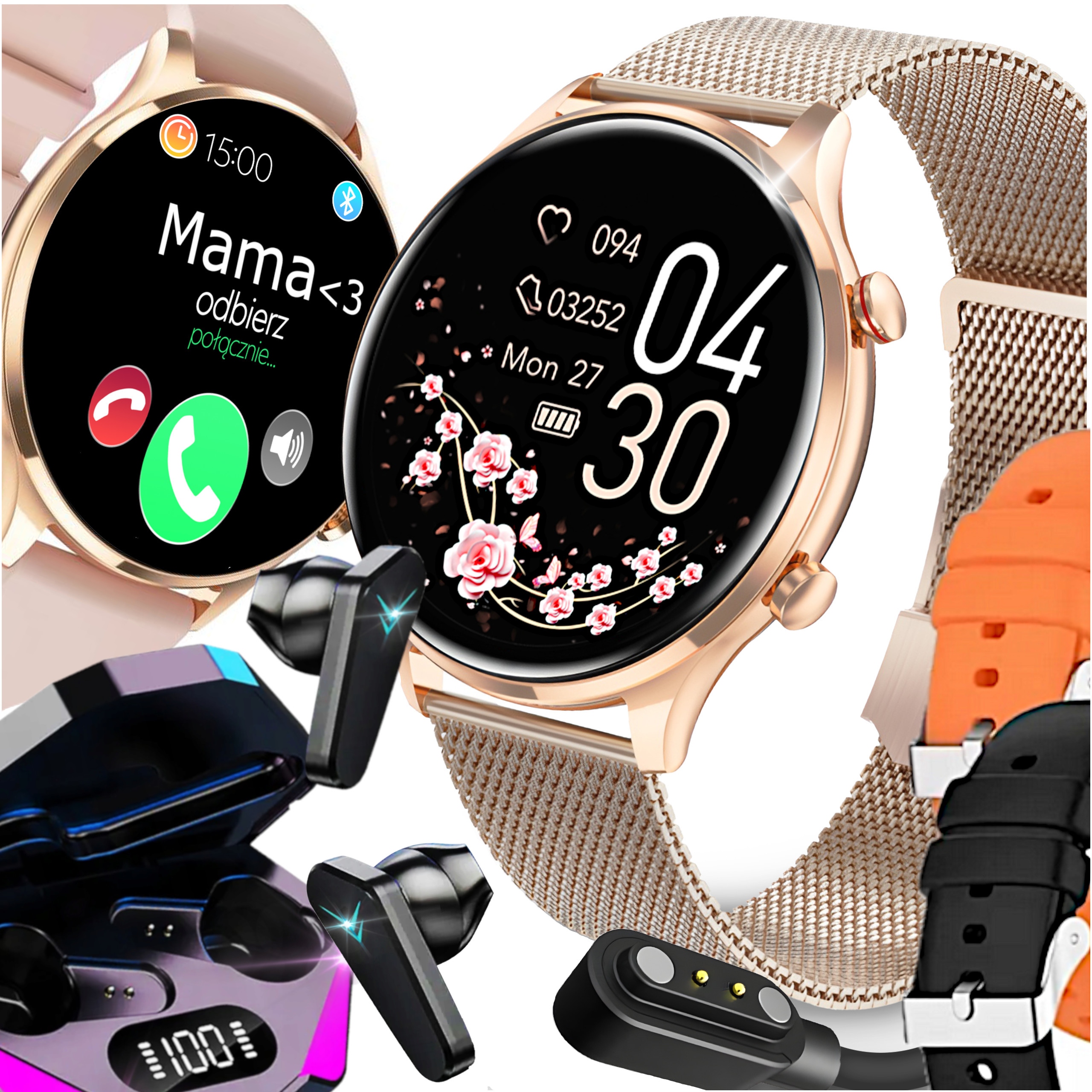SMARTWATCH DAMSKI ZEGAREK PL MENU ROZMOWY SMART WATCH + 4 PASKI + SŁUCHAWKI