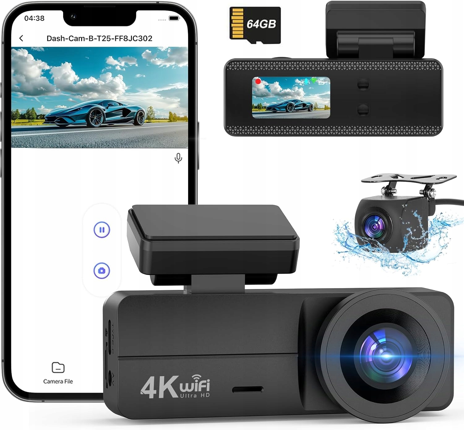 4K autokamera vpredu i vzadu, WiFi autokamera
