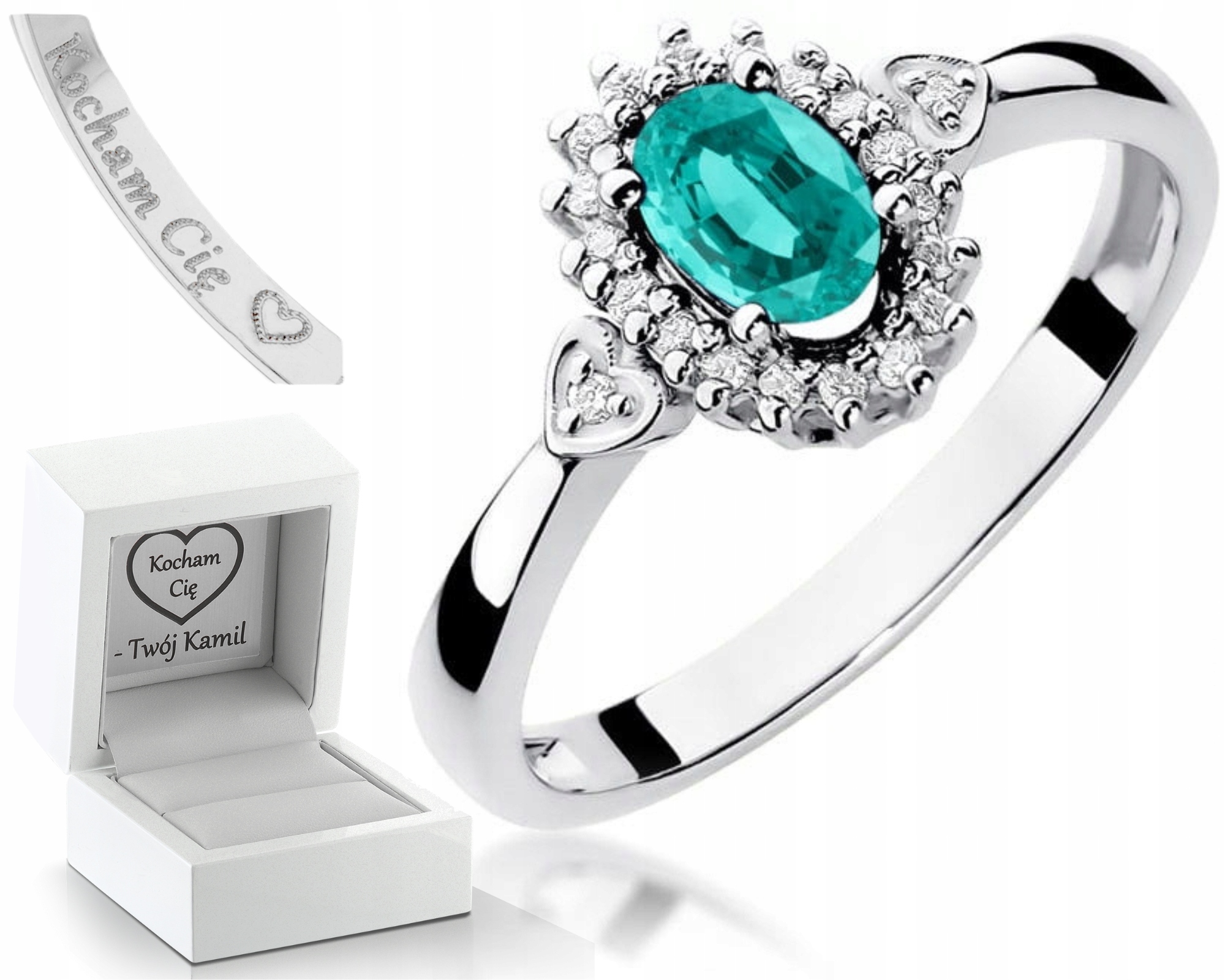 Prstýnek Smaragd Brilianty Bílé Zlato Gravírování