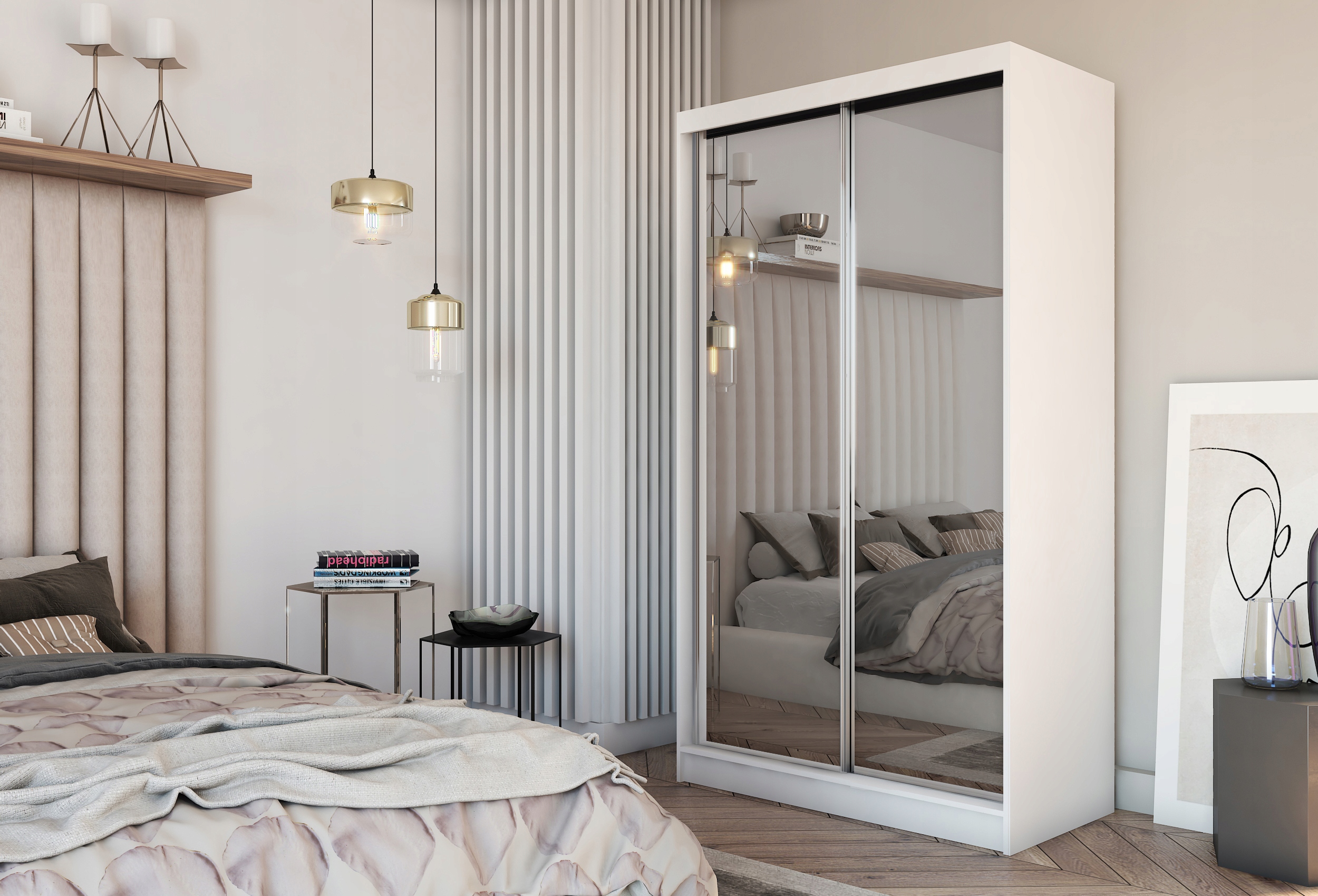 Skříň Posuvná Bellina 120 cm se zrcadlem Zásuvky Skříň Dvoudveřová Bílá