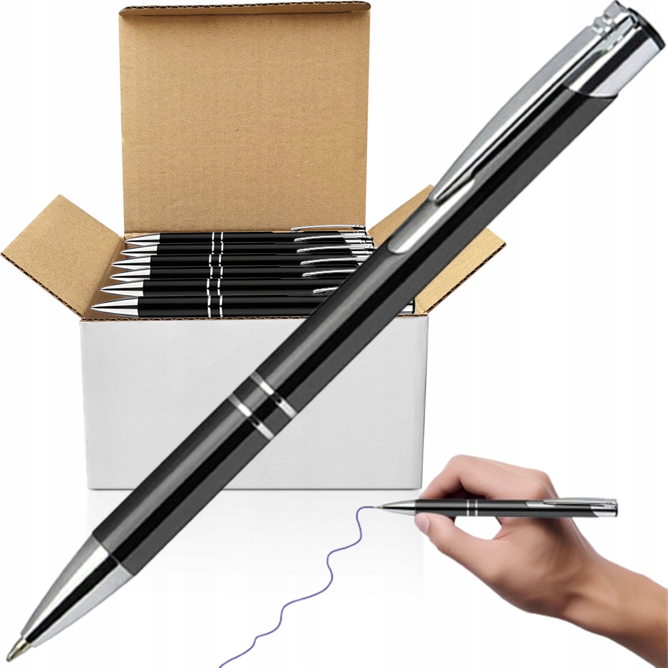 Długopisy Reklamowe Metalowe Automat Czarne 50 Szt Niebieski Wkład