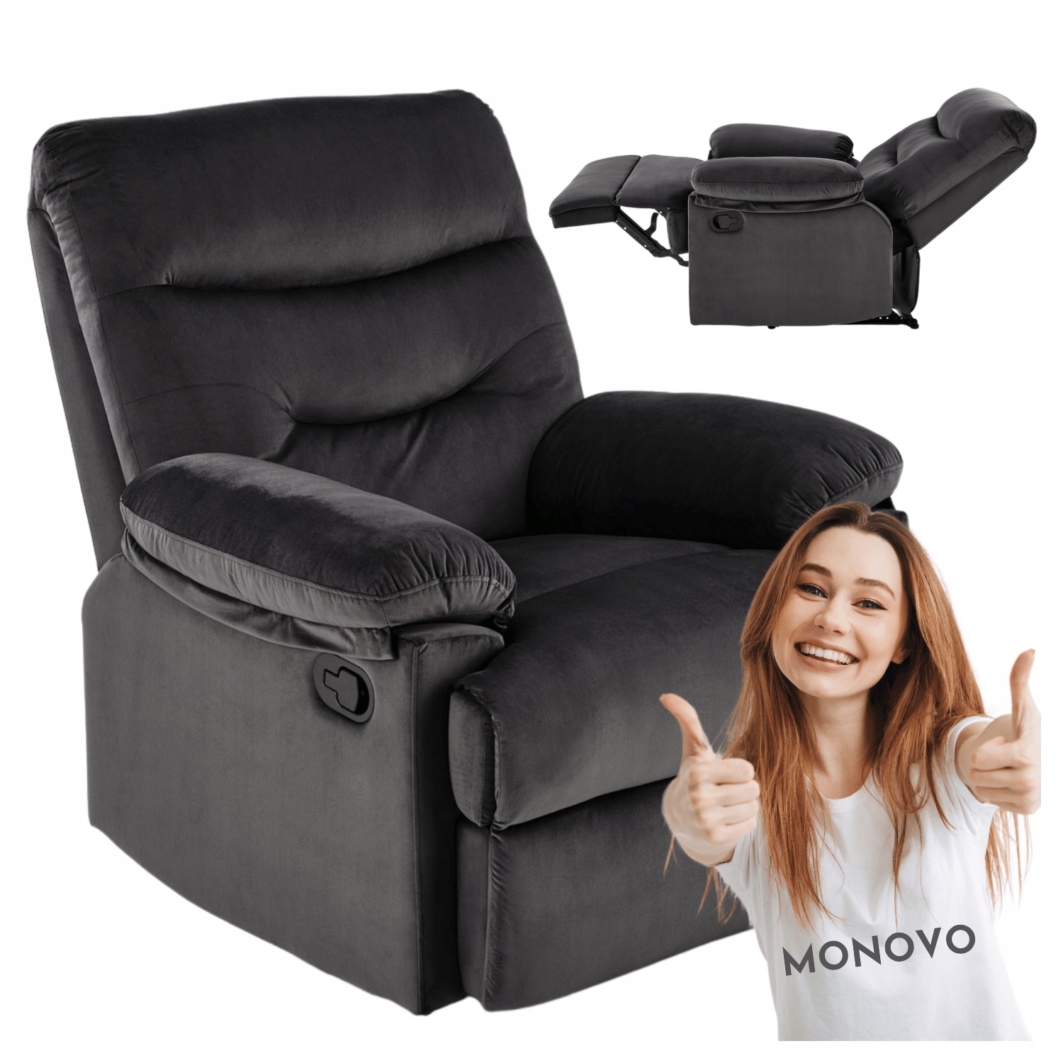 Nowoczesny Fotel Wypoczynkowy Rozkładany Welurowy Czarny Velvet Drager