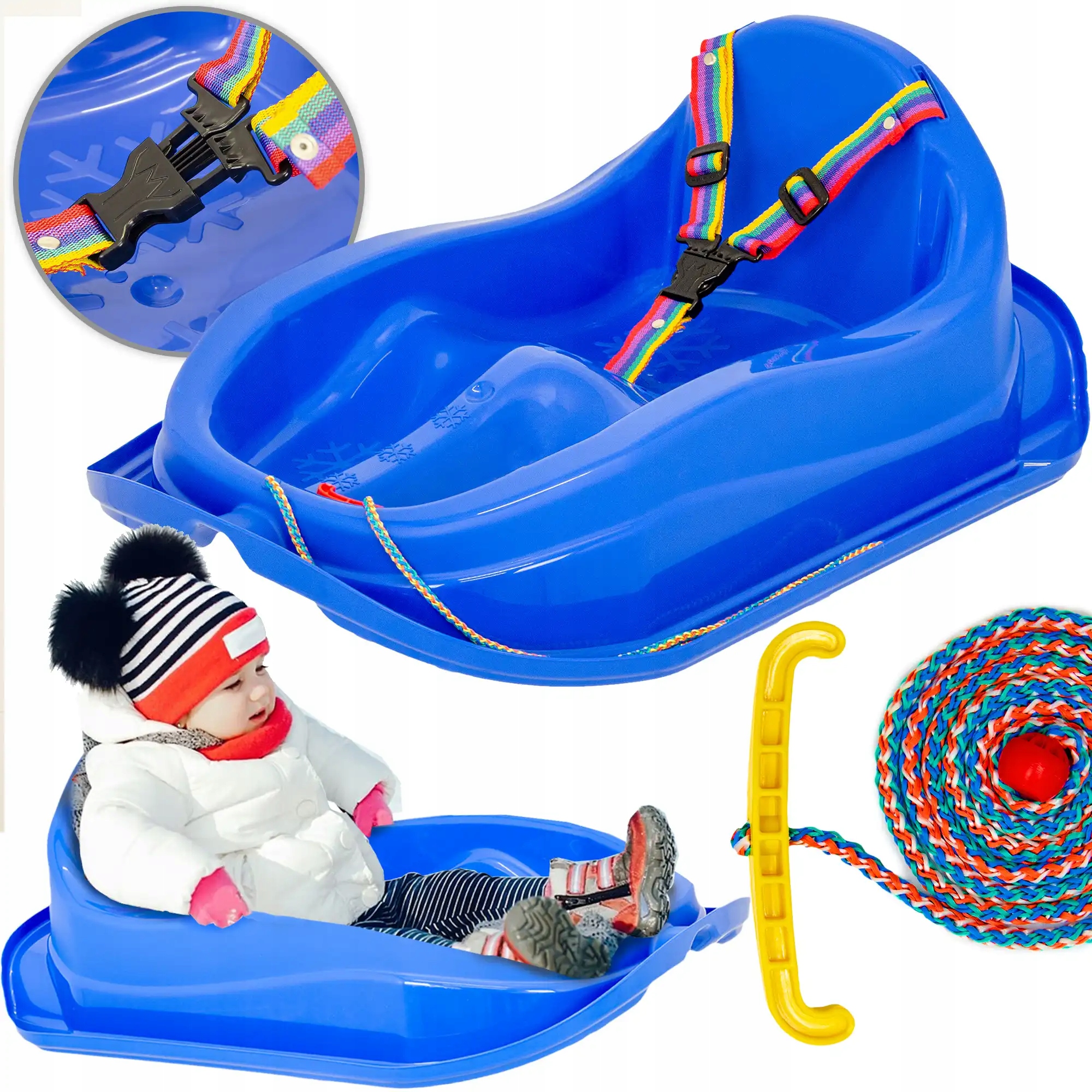 Sanki ślizgacz ślizg dla dzieci oparciem bezpieczne pasy niebieskie rączka