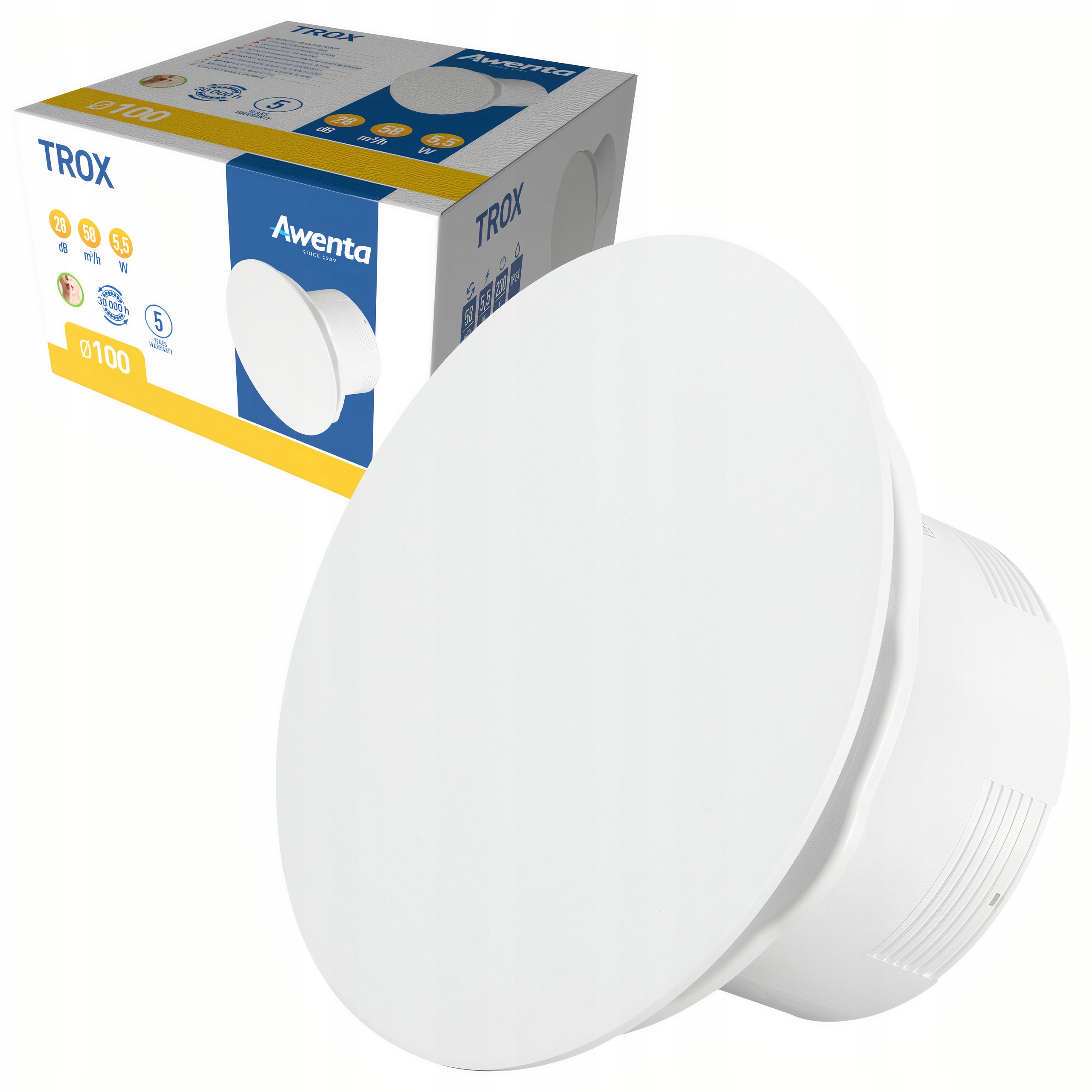 Wentylator łazienkowy Awenta Trox 100 mm biały cichy z higrostatem sufit