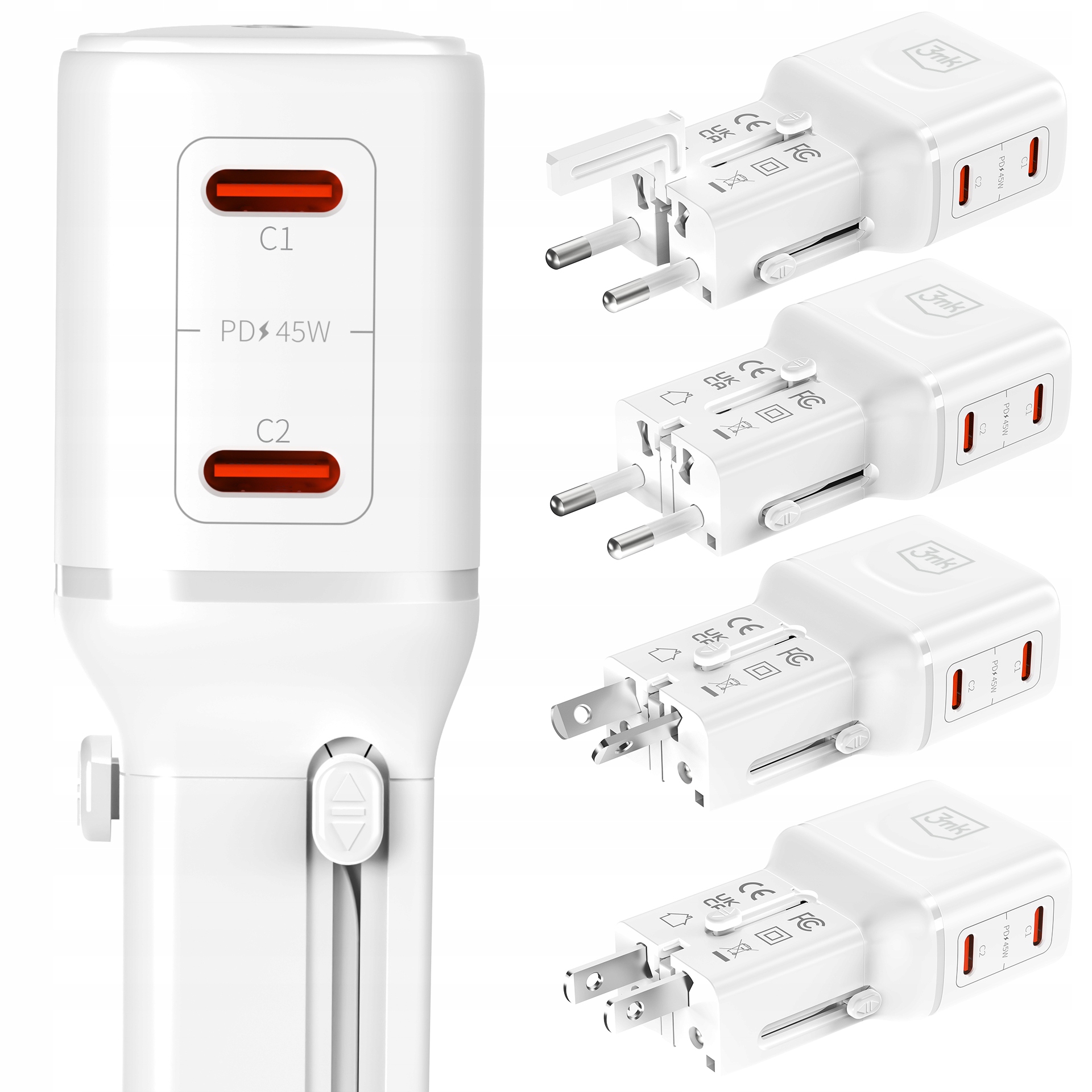 Cestovní rychlonabíječka 3mk incharge Globe 45W Pd QC4+ Us/eu/aus/uk White