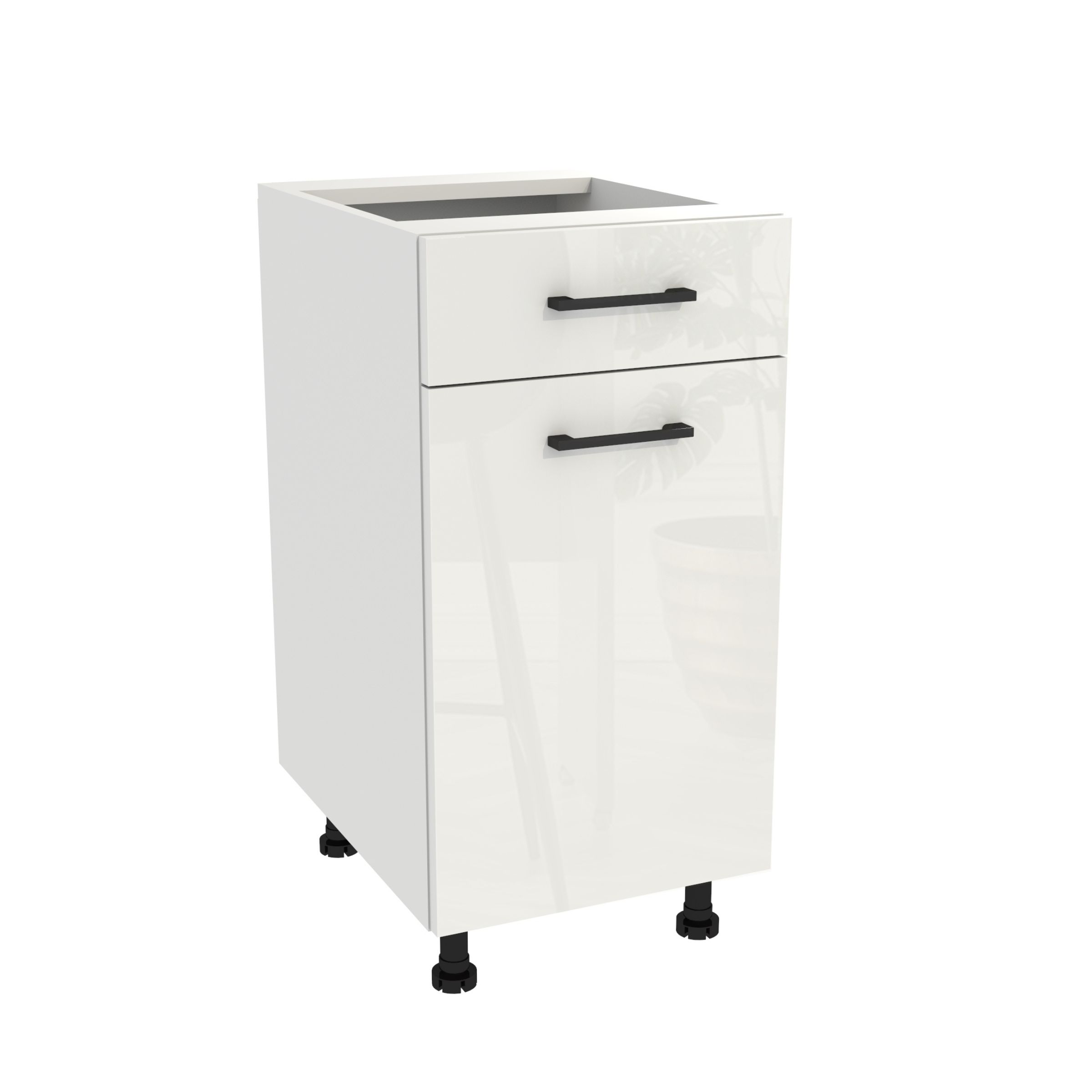 Kuchynská skrinka so zásuvkou, skrinka 40 Capri Biela predná strana Biely akrylový lesk