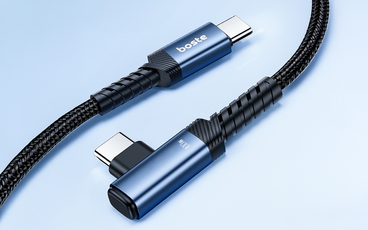 BOSTE SZYBKI I MOCNY KABEL KĄTOWY PRZEWÓD USB-C DO TYPE-C 100W PD QC 2M Konstrukcja oplot