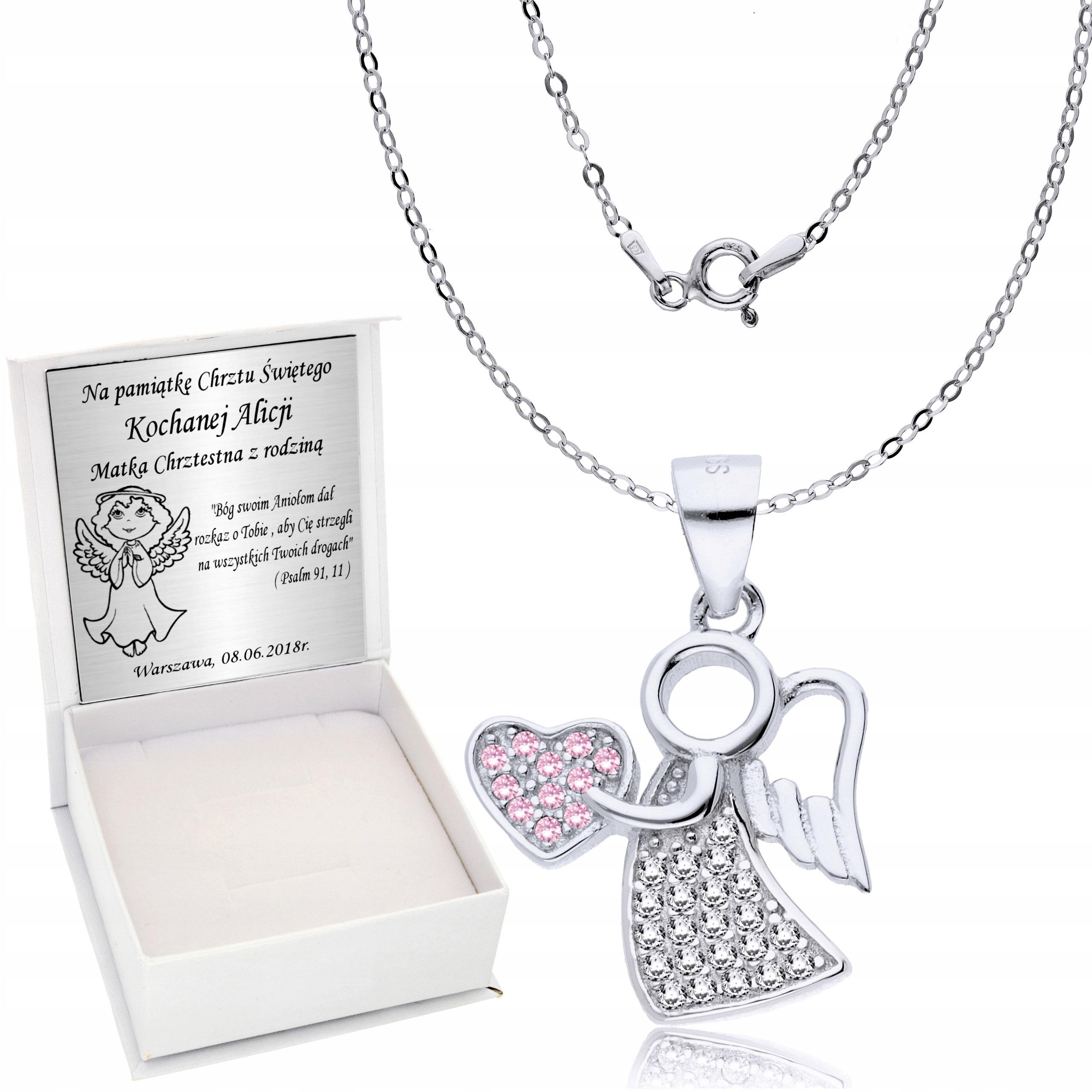 

Srebrny Łańcuszek 925 Medalik Aniołek Grawer