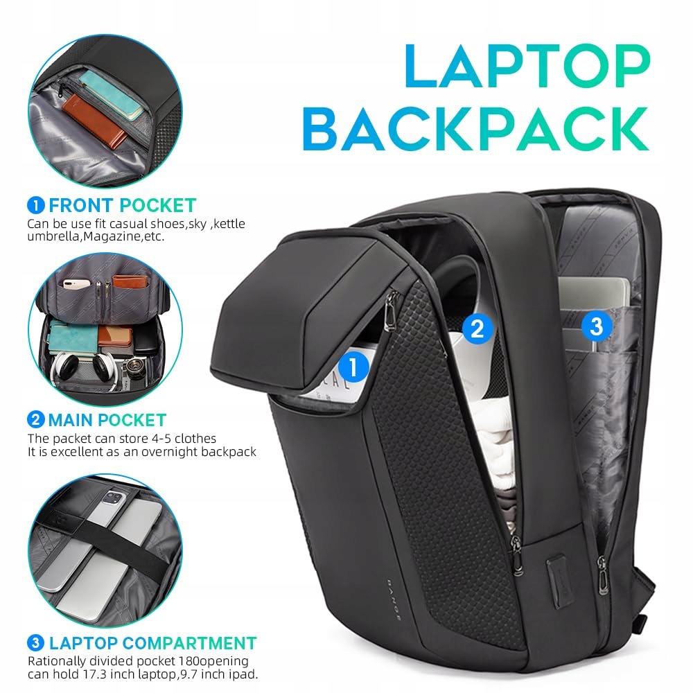 BG FUTURE AESTHETICS Plecak Biznesowy Na Laptopa 15,6-17,3 Cala USB Czarny — miniatura 3
