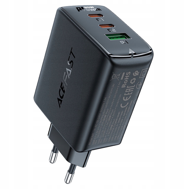 Rychlá síťová nabíječka GaN 2x Usb-c Usb-a Pps Pd QC4+ 65W černá