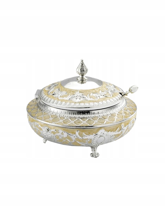 Cukiernica srebrna z emalią nowoczesna z łyżeczką metalowa platerowana