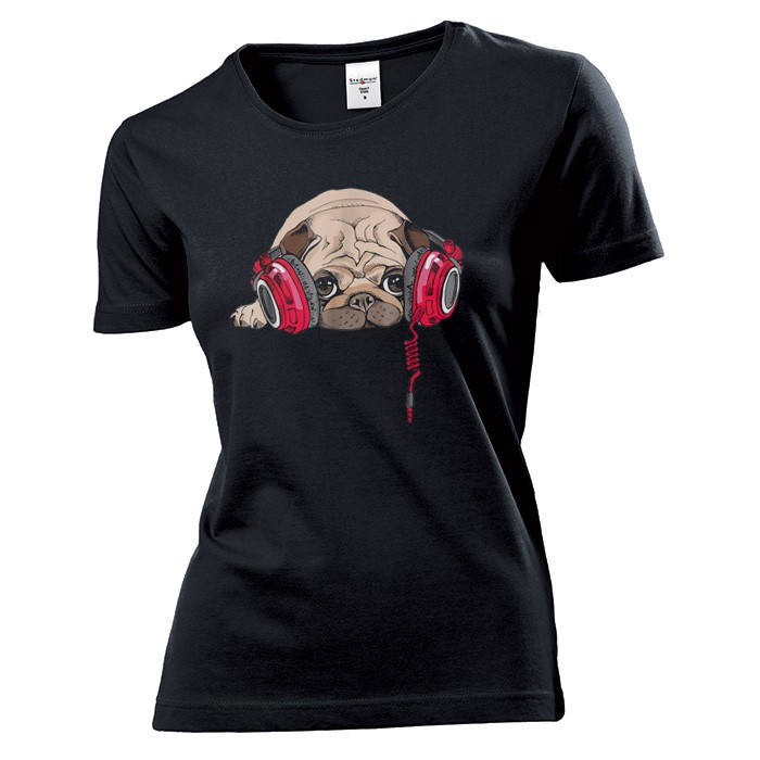 

Koszulka damska Pies mops pug ze słuchawkami L