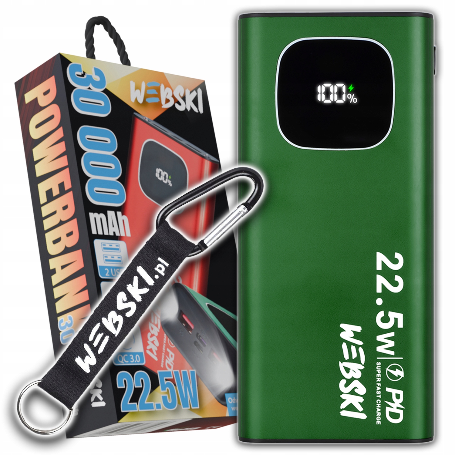 Powerbanka Silná Pevná Pro Telefon Turistická Svítilna Zelená 30000 mAh