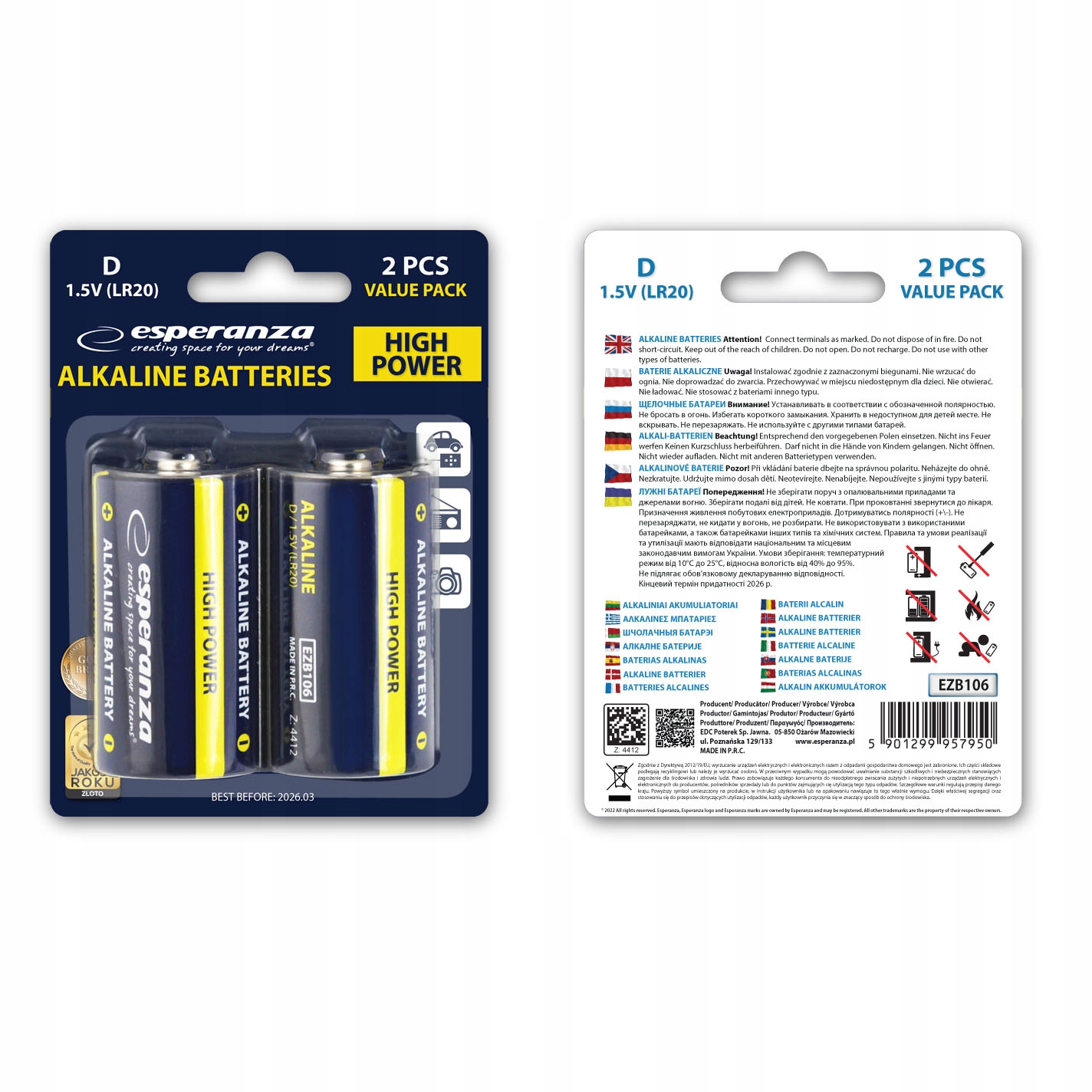 ESPERANZA BATERIE D LR20 2szt - BATERIA ALKAICZNA Symbol baterii D (R20)