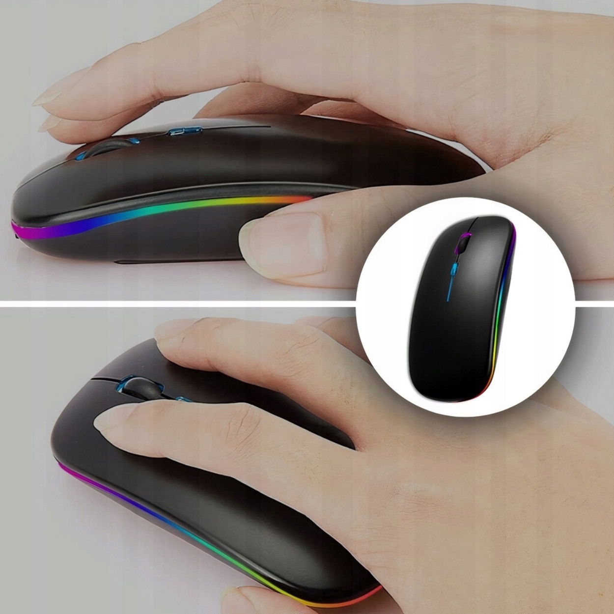 LEKKA CICHA MYSZKA BEZPRZEWODOWA LED RGB MYSZ DO LAPTOPA KOMPUTERA BIURA Profil myszy praworęczna