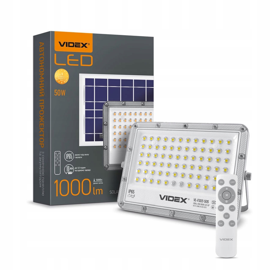 Solárny Led halogénový reflektor Videx 50W 1000lm IP65 diaľkový ovládač