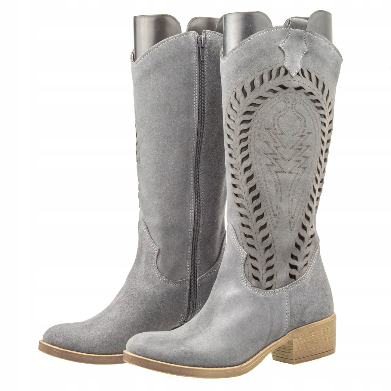 Damskie kozaki skórzane kowbojki ażurowe Szare 37 Waga produktu z opakowaniem jednostkowym 2 kg