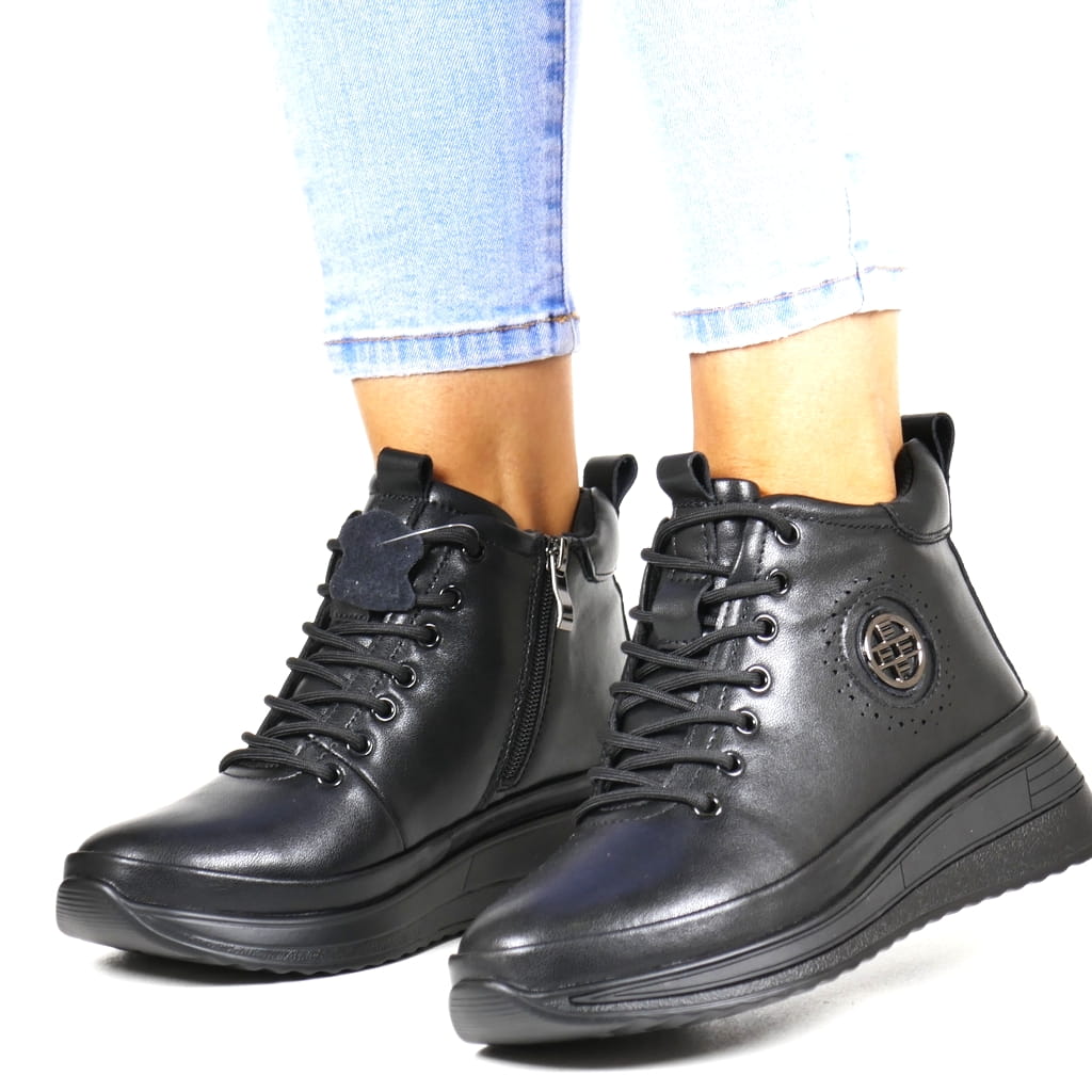 Černé Kotníkové Boty Na Koturně Z Kožené Platformy, Zateplené, Pohodlné Pro Každodenní Nošení