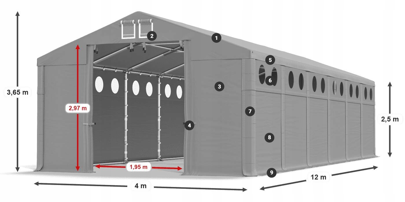 Namiot Budowlany 4x12m [2,5m] Solidny DAS 560 W Wysokość 3.65 m