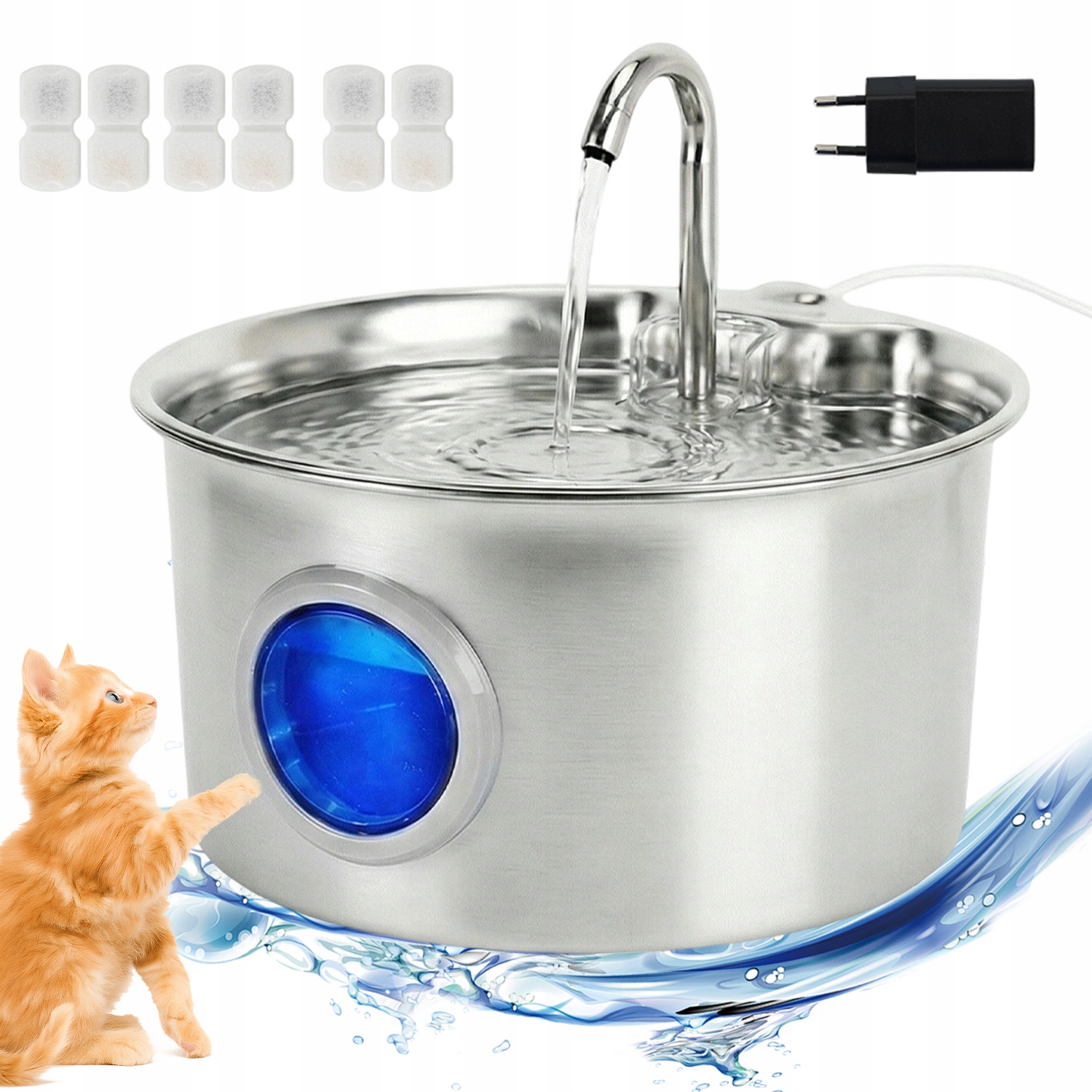 Fontanna Dla Zwierząt Stalowa 2.6L Niskoszumowa Z Filtrem I Wskaźnikie Wody