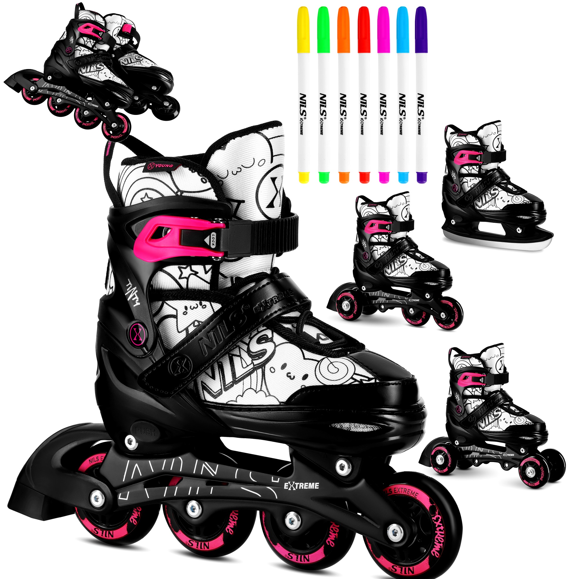 Brusle 2v1 Kolečkové Brusle 4v1 Nastavitelné 39-42 Brusle Na Led Kolečkové Brusle Růžové ABEC-7 Fixy L