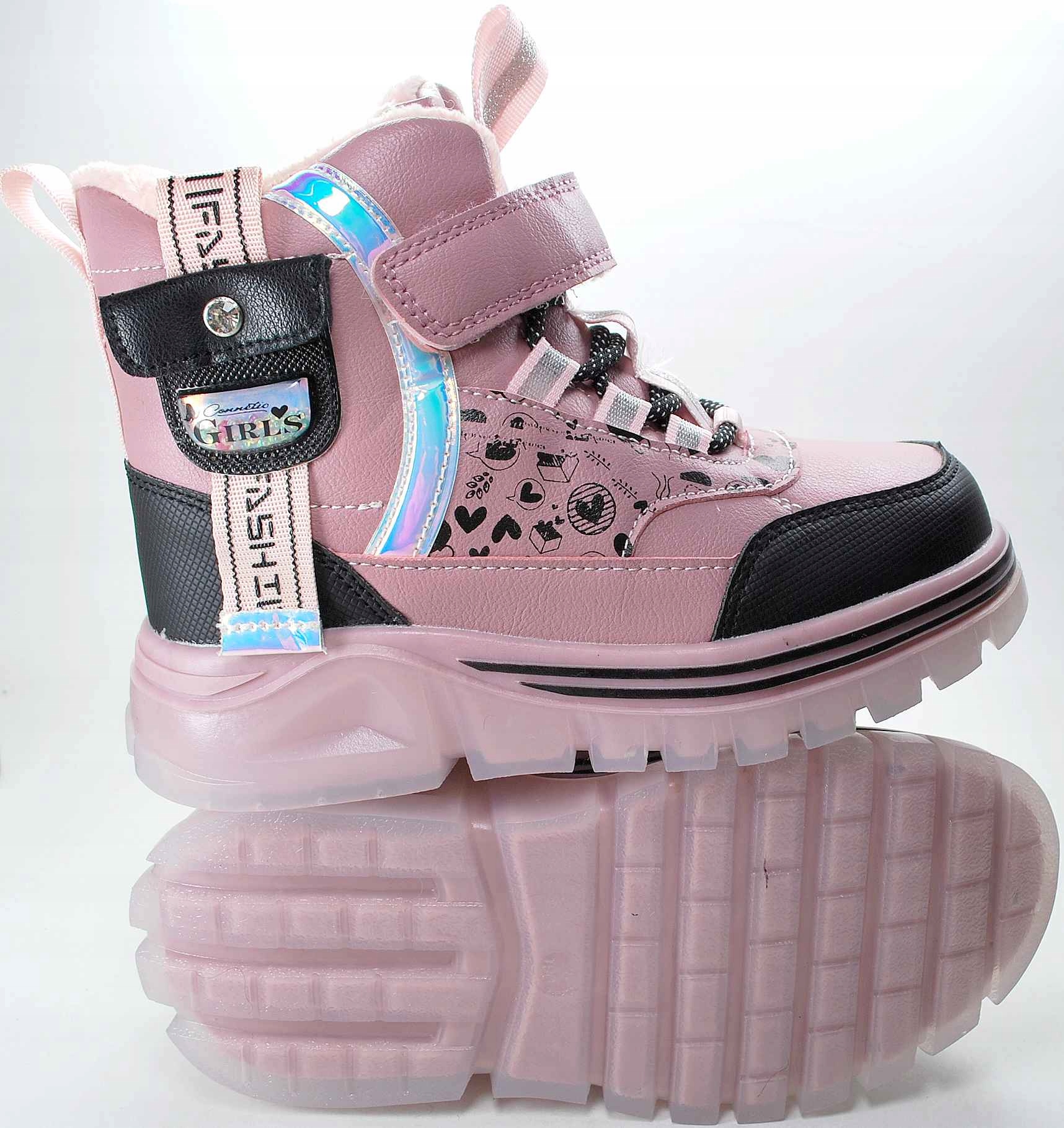 Różowe ocieplane naturalnym futrem kozaki dla dziewczynki zima na rzep 32 Długość wkładki wew. 21.2 cm