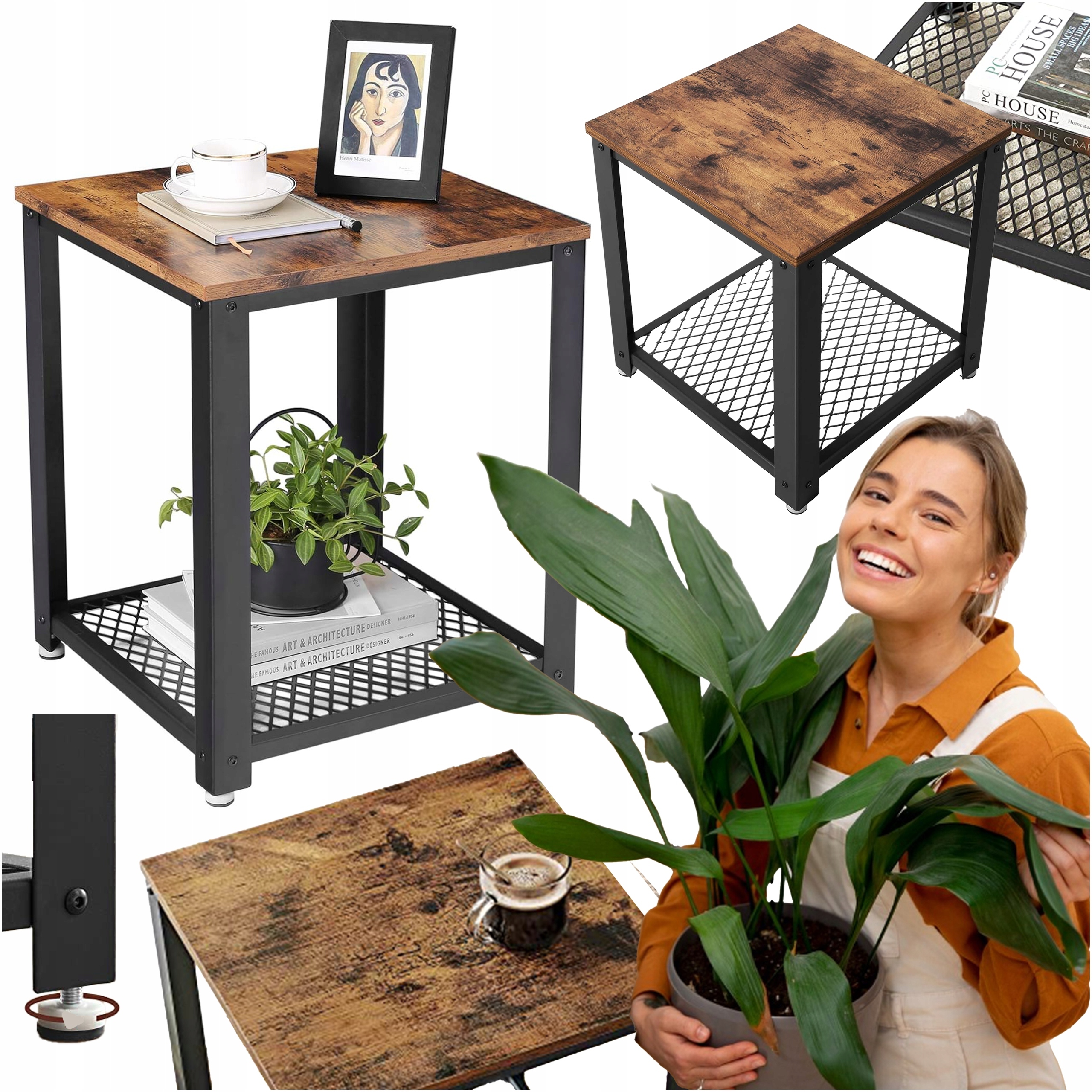 Konferenčný stolík štvorcový s prelamovanou Poličkou do obývačky Nočný stolík kovový