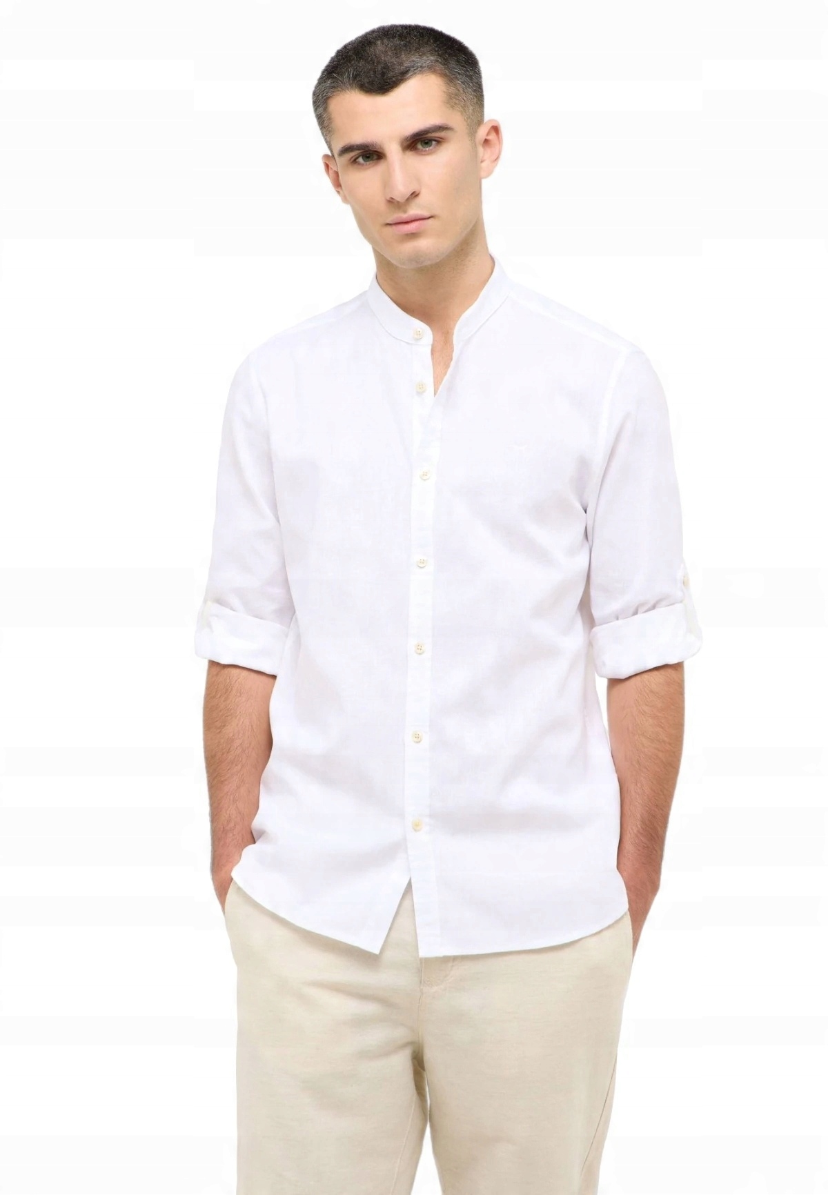 Lněná Pánská Košile Se Stojáčkem S Dlouhými Rukávy Regular Bílá Mustang XL