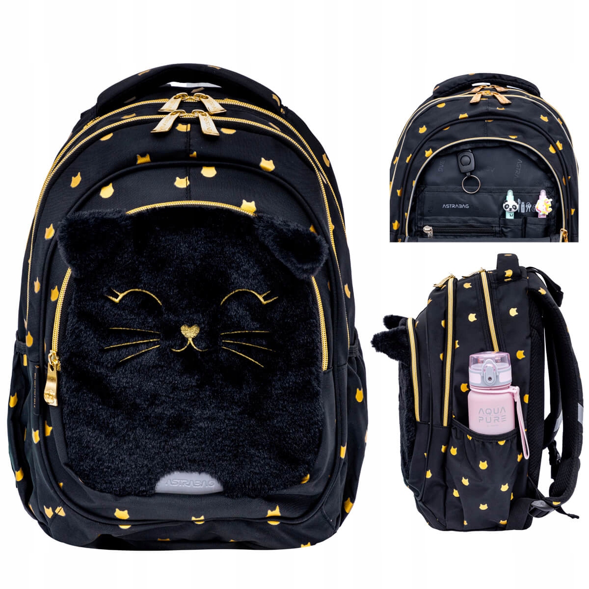 Plecak szkolny ergonomiczny Astrabag AB330 Fluffy Kitty Black pluszowy kot