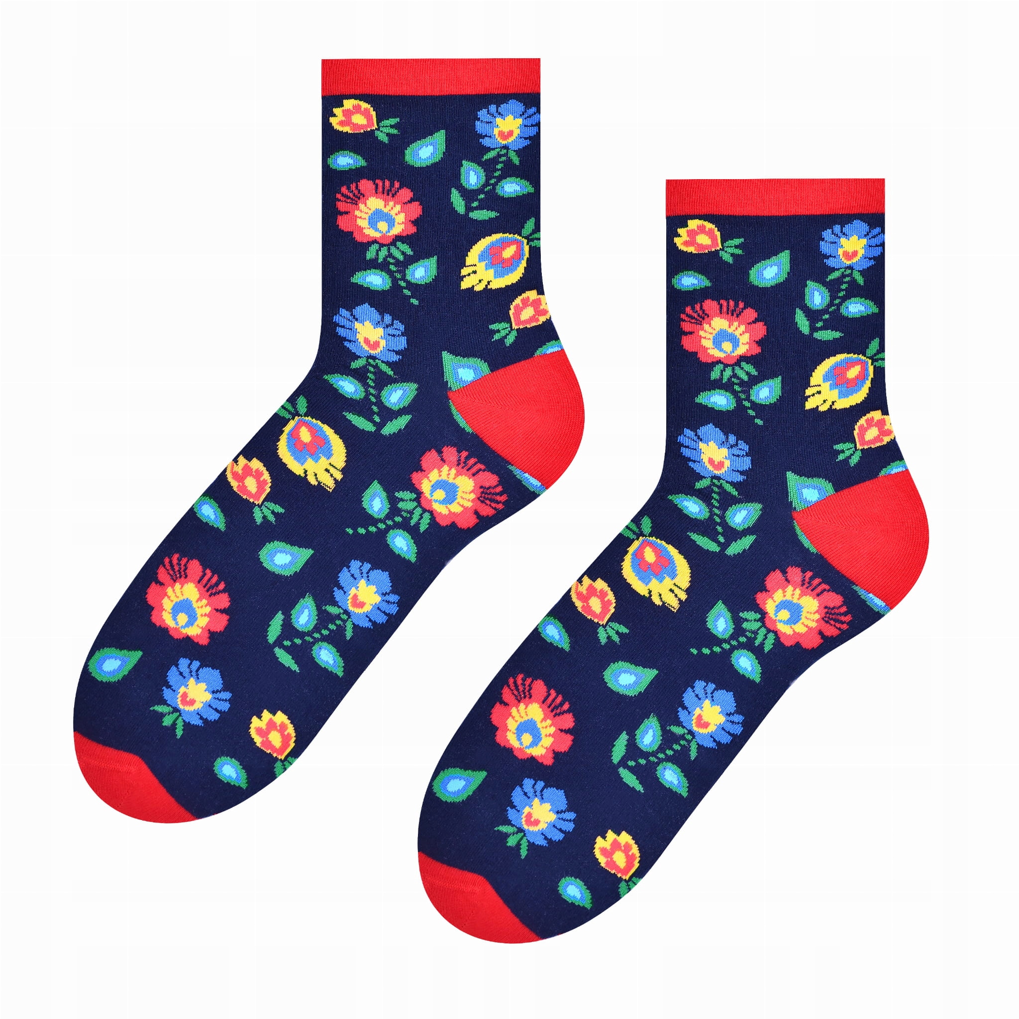 

Skarpeki damskie folk kwiaty łowickie granaowe