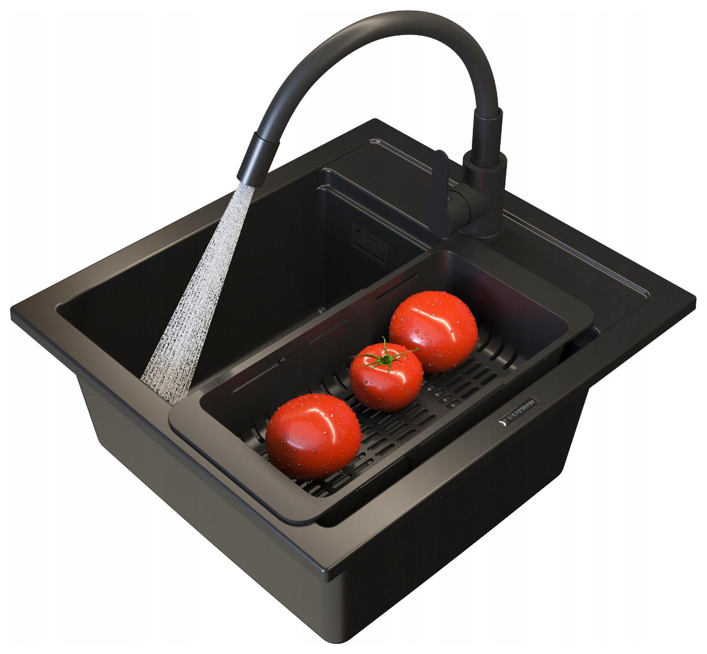 Dřez jednokomorový Stone M Set, baterie, sifon, košík