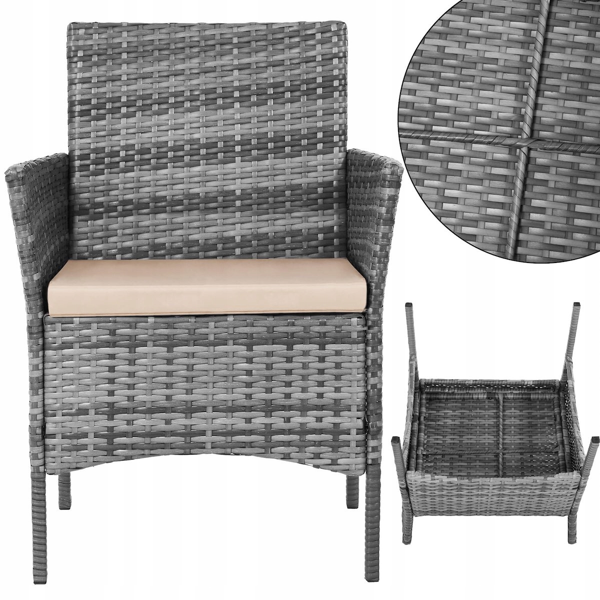 MEBLE OGRODOWE ZESTAW SOFA STOLIK FOTELE RATTANOWE KOMPLET MEBLI NA 5 OSÓB Kolor dominujący szary