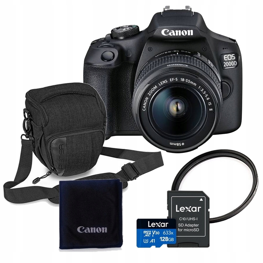 Fotoaparát Canon 2000D 18-55 Is II karta Lexar taška filtr Hadřík