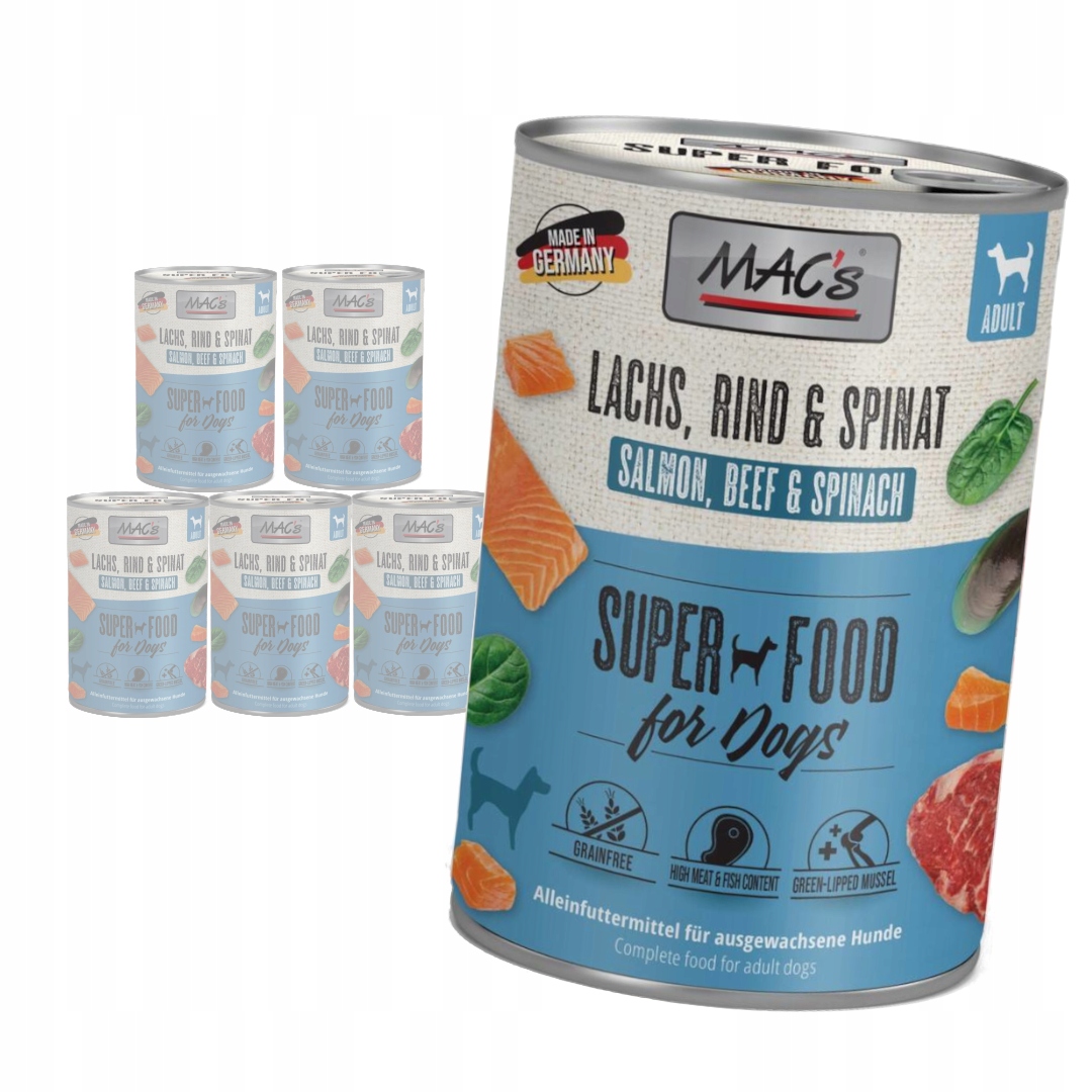 Levně MAC's Dog Bezobilné Vlhké Krmivo pro psy Losos Hovězí špenát 6x400 g