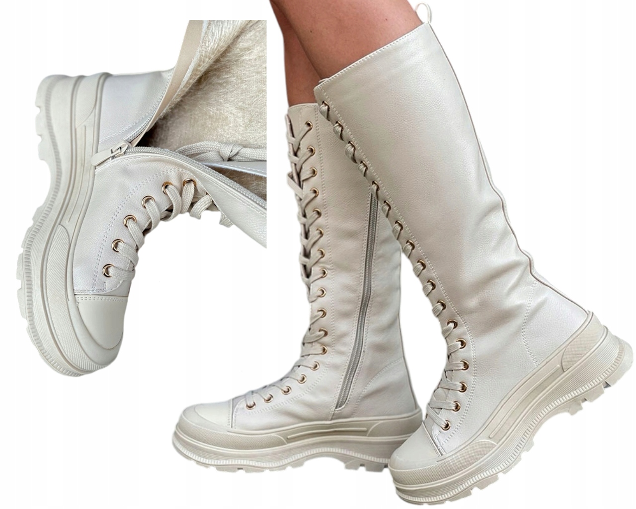 Béžové Krátké Dámské Šněrovací Kozačky, Zateplené 37