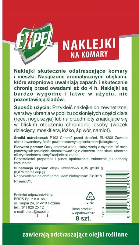 EXPEL Komary i Meszki Naklejki Odstraszające - 8 sztuk Stan opakowania oryginalne