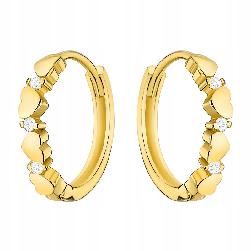 Krásné Zlaté Náušnice pr. 585 Kolečka se srdíčky a zirkony 14k