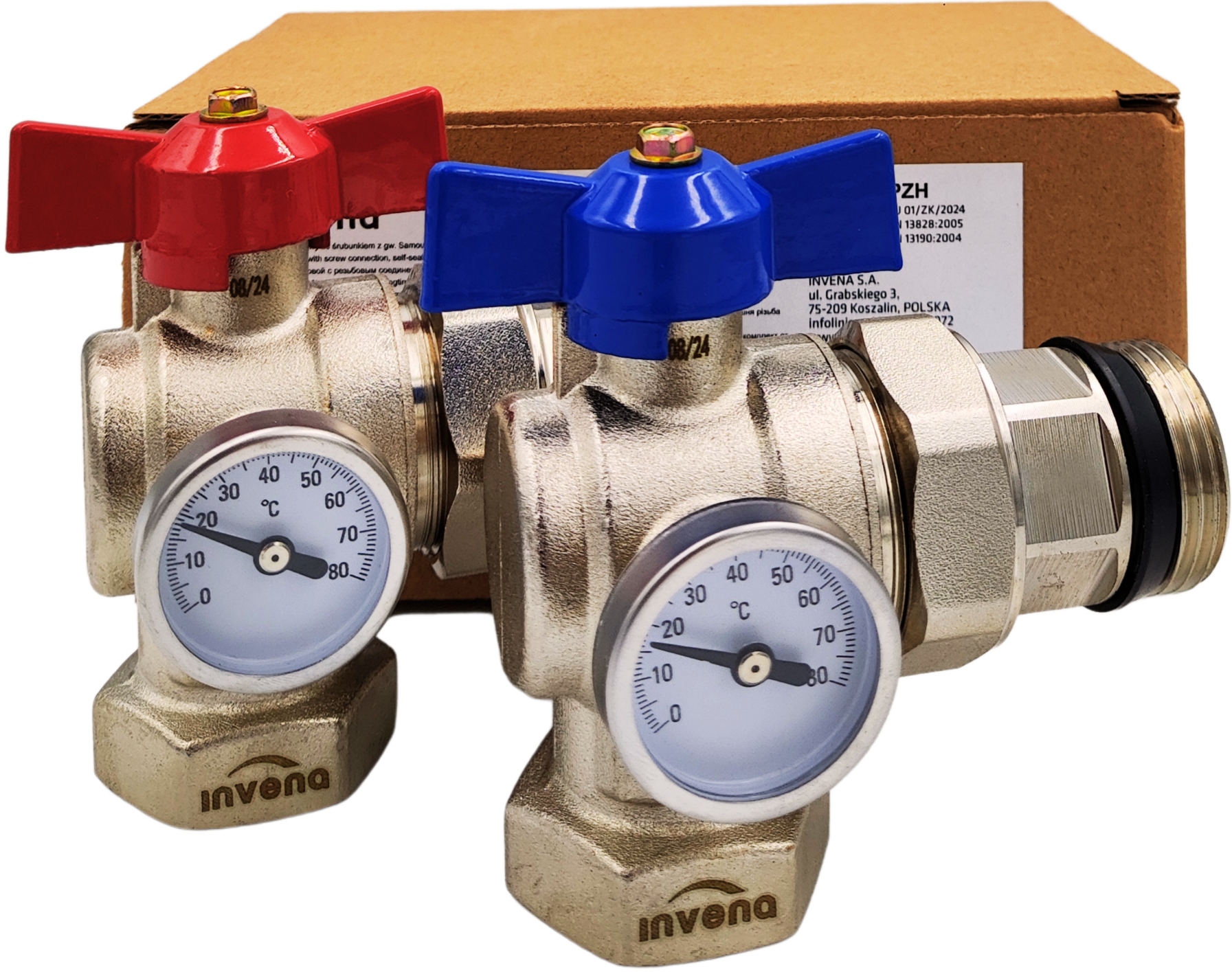 Zawory Kurki Kulowe Kątowe Ze Śrubunkiem Termometry Gw Gz 1" Cal DN25 Mocne